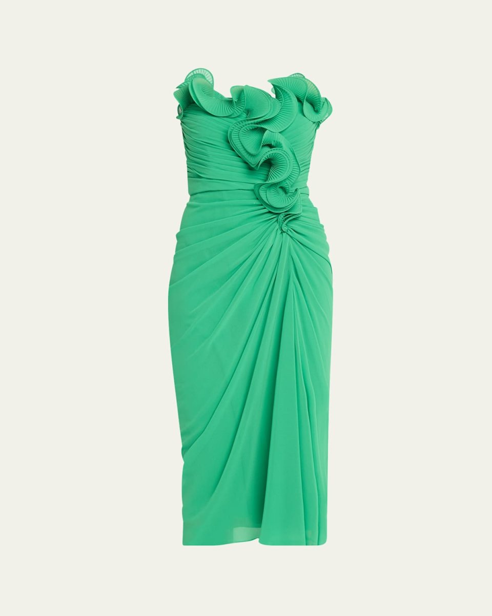 Strapless Pleated Georgette Midi Dress